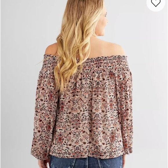 Day Trip Size Medium Mesh Off the Shoulder Top Neutral Floral Boho Prairie Fall - Picture 7 of 8